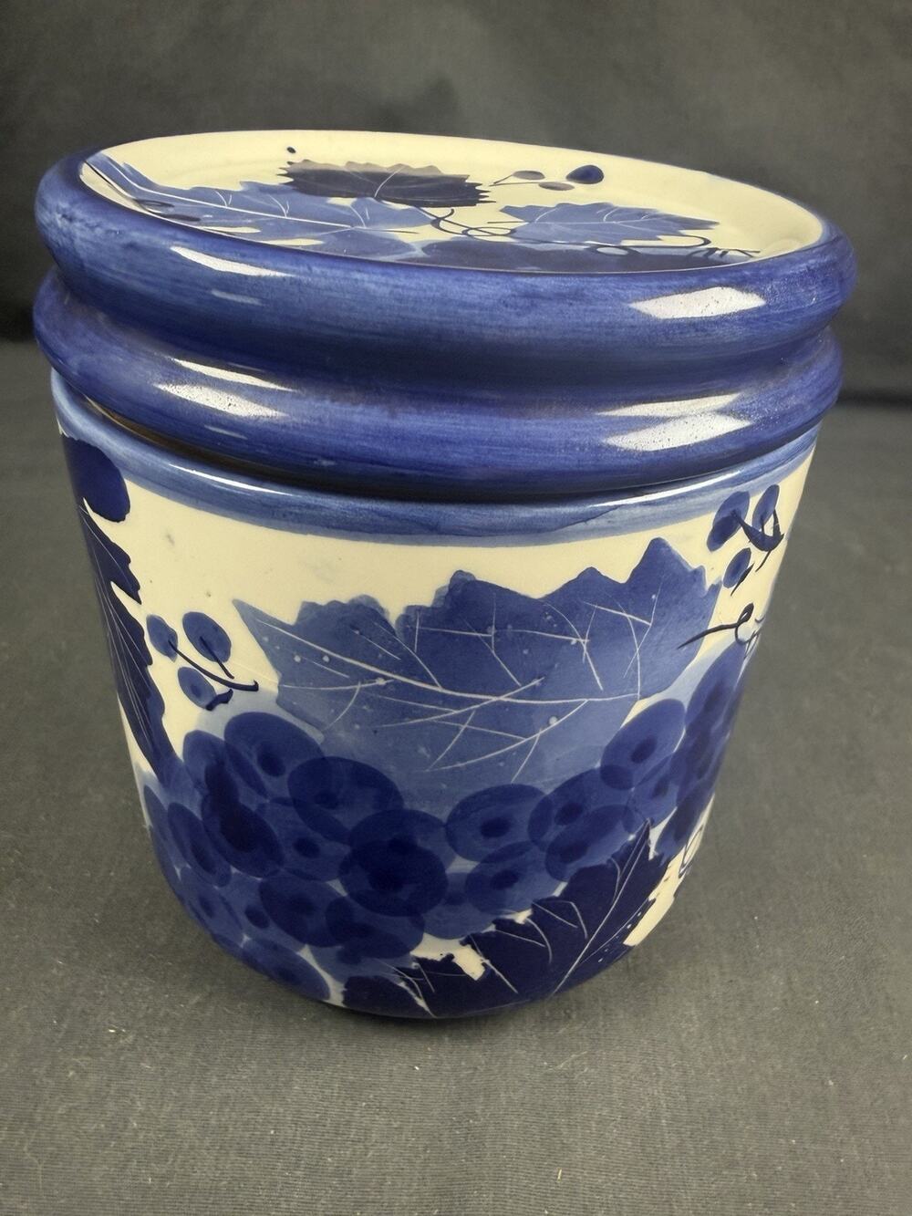 Vintage Hand Painted Ceramic Blue & White Grapes Leaves Canister Jar Designpac